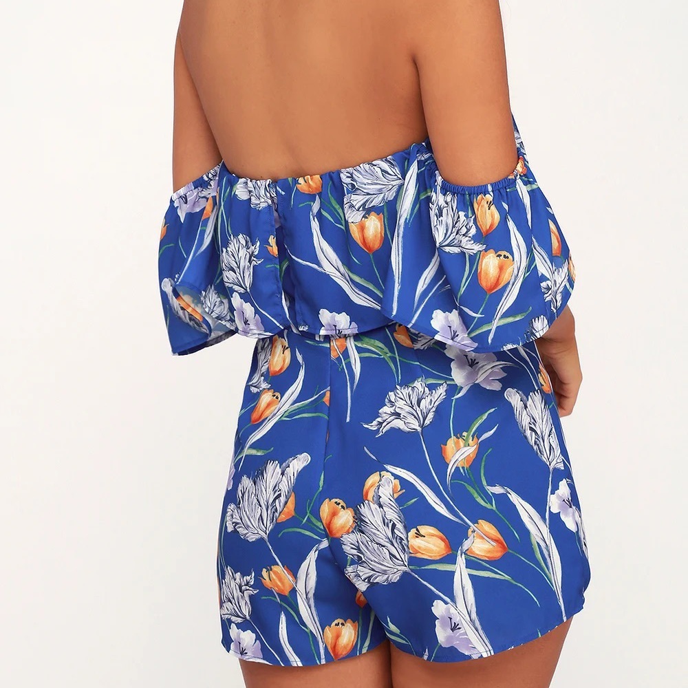 Waimea Royal Blue Floral Print Off-the-Shoulder Romper